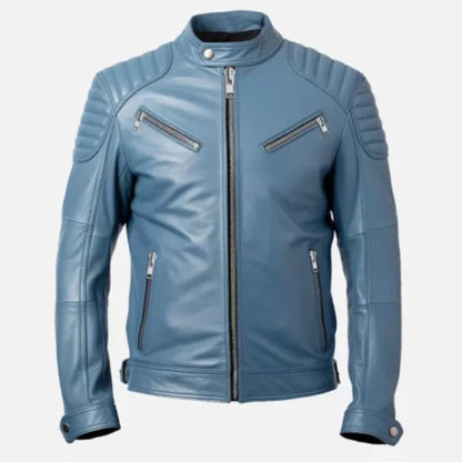 “Men’s blue cafe racer leather jacket with classic biker style and front zip closure”
