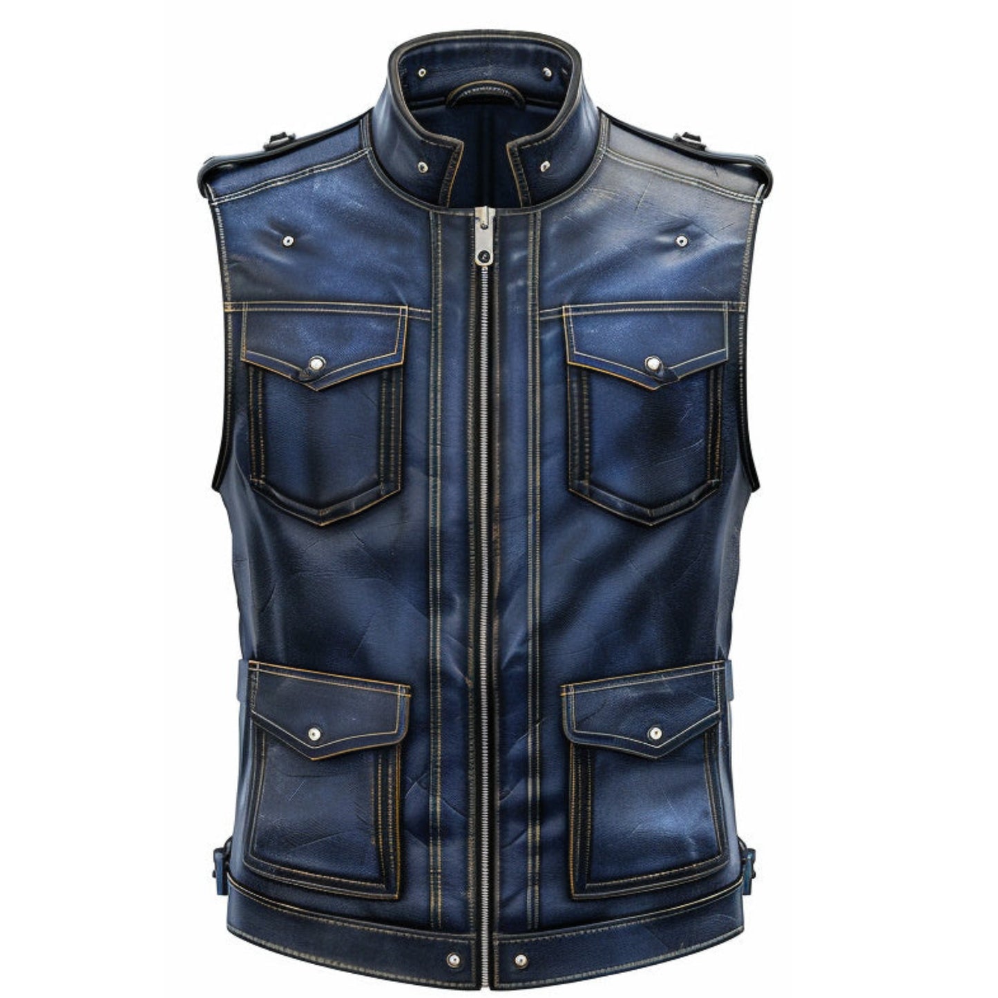 Men’s blue distressed leather vest in rugged vintage style with classic fit design.
