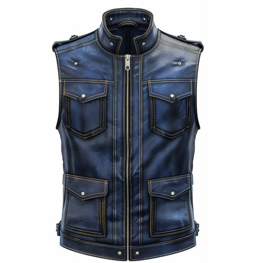Men’s blue distressed leather vest in rugged vintage style with classic fit design.