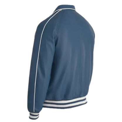 Men’s Blue Varsity Leather Jacket featuring premium leather material, sporty design, and modern streetwear style for a bold, stylish look