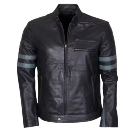 Men’s blue stripe retro black cafe racer jacket with vintage biker style, sleek leather design for riding and casual wear.