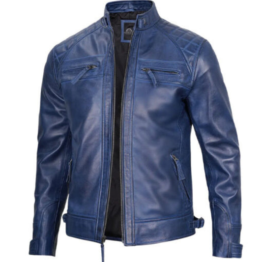 Man wearing men’s blue waxed café racer leather jacket
