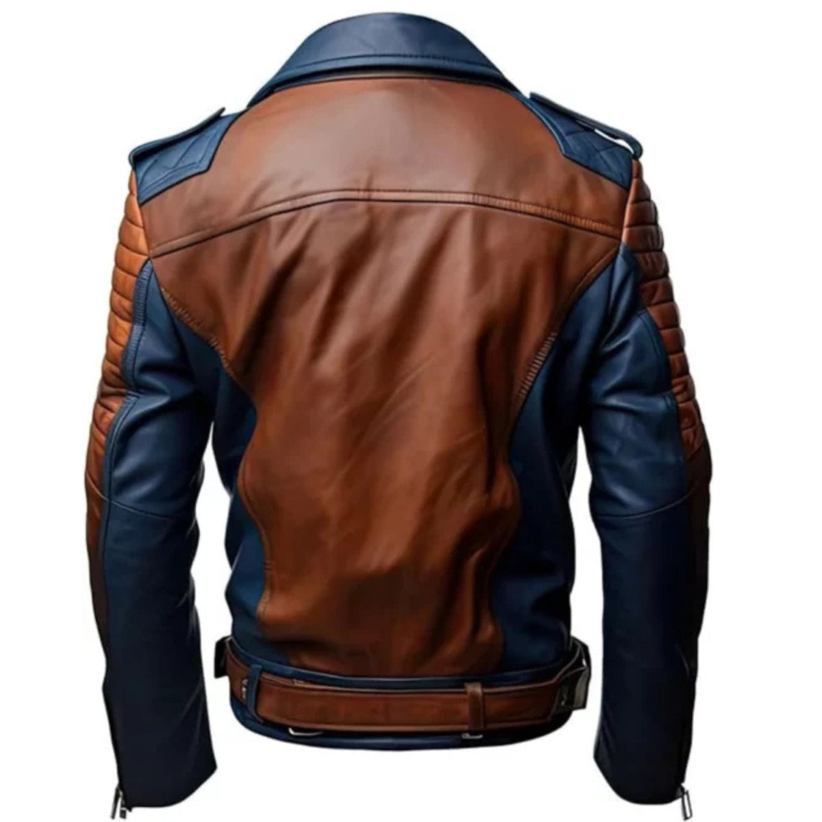 Men’s blue and brown two-tone leather biker jacket featuring a fitted design, durable construction, zip closure, and stylish casual and riding wear.