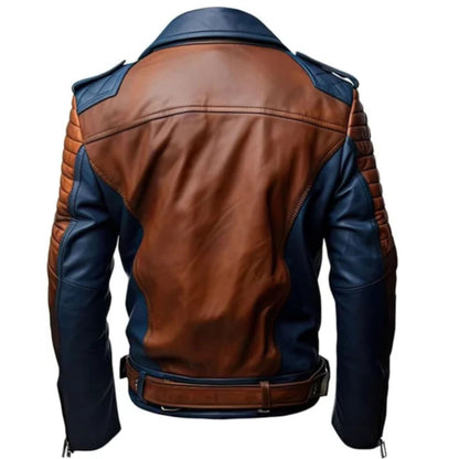 Men’s blue and brown two-tone leather biker jacket featuring a fitted design, durable construction, zip closure, and stylish casual and riding wear.