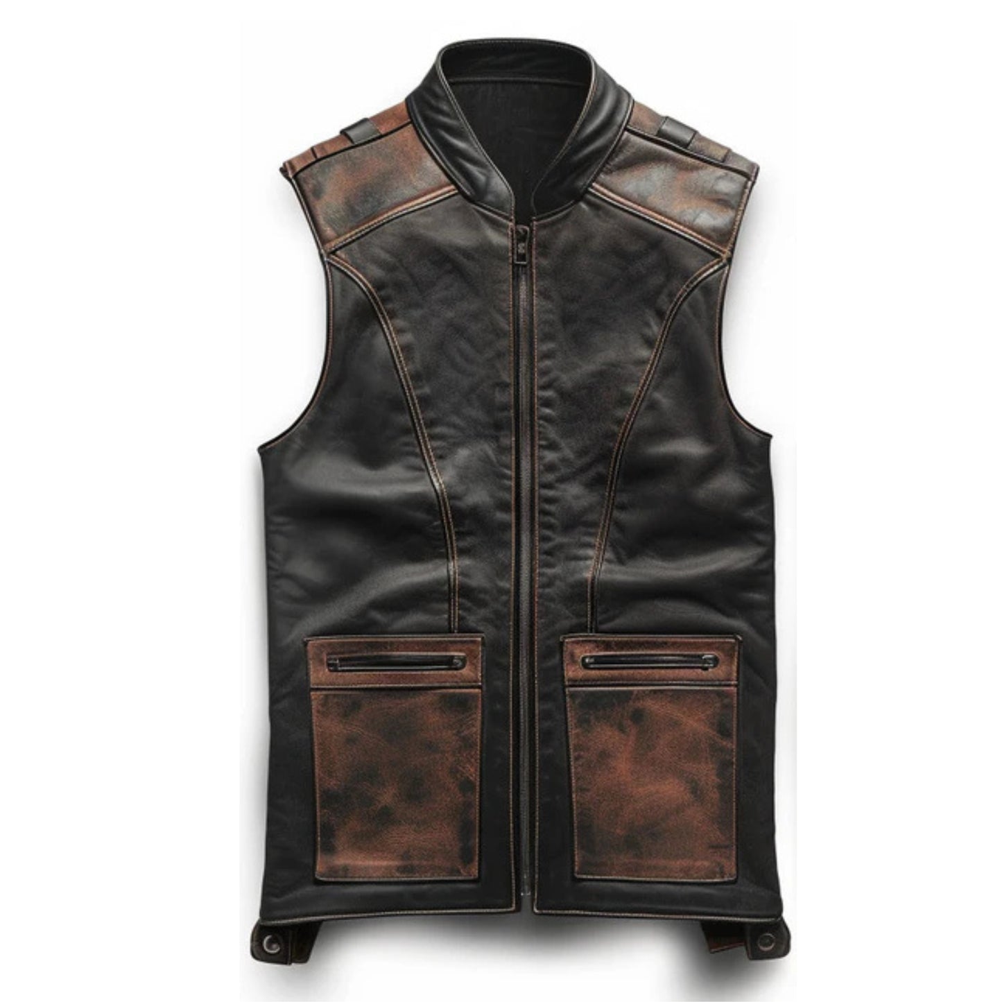 “Men’s brown and black distressed motorcycle leather vest with rugged biker design and multiple pockets.”