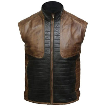 Men’s brown and black dual-tone leather vest in classic fit with front closure design.