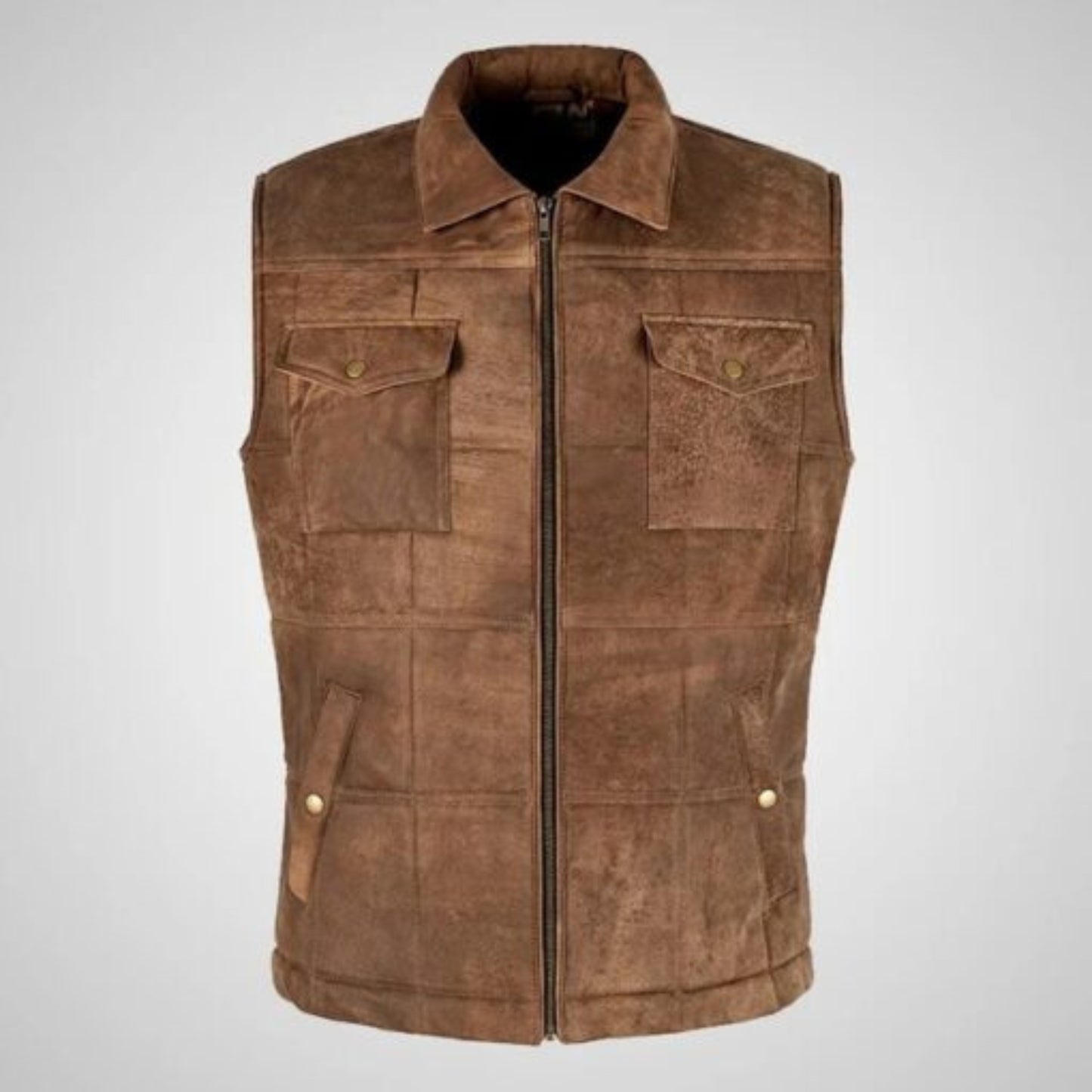 “Men’s Brown Buff Padded Leather Vest – Warm & Rugged Style”
