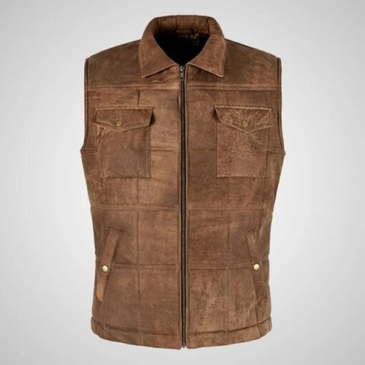“Men’s Brown Buff Padded Leather Vest – Warm & Rugged Style”