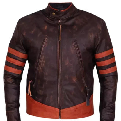 “Men’s brown cafe racer distressed motorcycle leather jacket with classic biker style and front zipper”