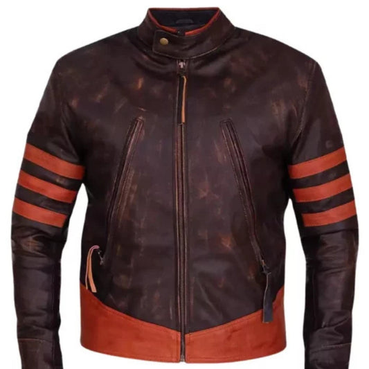 “Men’s brown cafe racer distressed motorcycle leather jacket with classic biker style and front zipper”