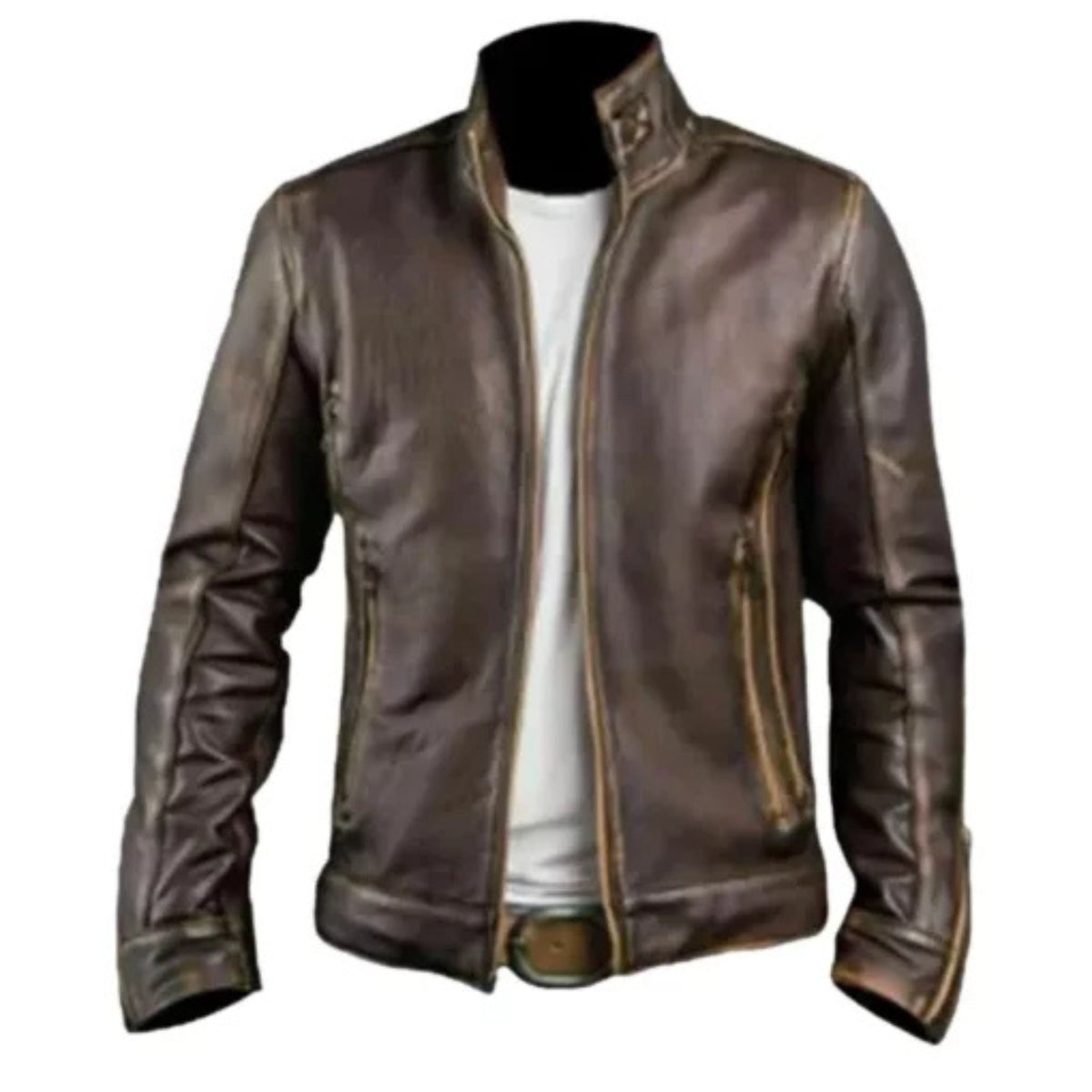Men’s Brown Cafe Racer Jacket with classic motorcycle leather style, front zipper, slim fit design, and vintage biker look.