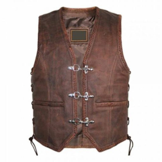 “Men’s brown cowhide leather biker vest with classic rugged motorcycle design and durable finish.”
