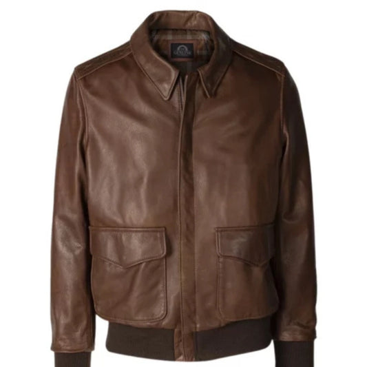 Men’s brown distressed leather bomber motorcycle jacket with vintage biker style