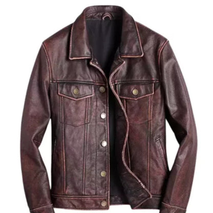 Men’s brown leather racer jacket with sleek biker style and premium comfort