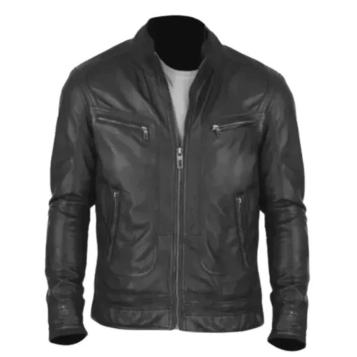 Men’s black lambskin leather jacket with sleek modern design, zip closure, soft durable leather, and versatile style for riding or everyday wear.