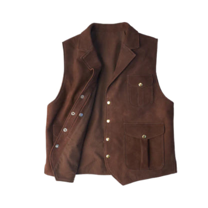 Men’s brown multi-pocket leather vest in rugged utility design with classic fit and front closure.