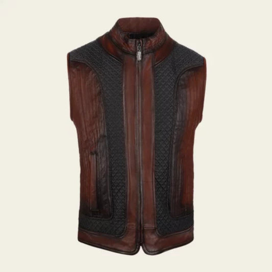 “Men’s brown ovine leather vest with contrasting panels, stylish and rugged design.”