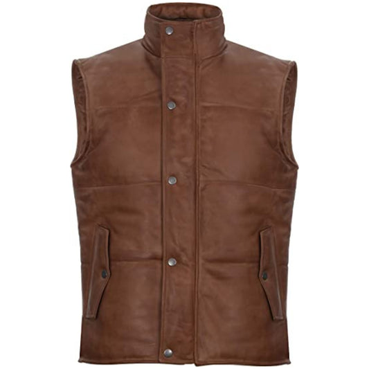 “Men’s brown puffer leather vest with warm, durable, and rugged design.”