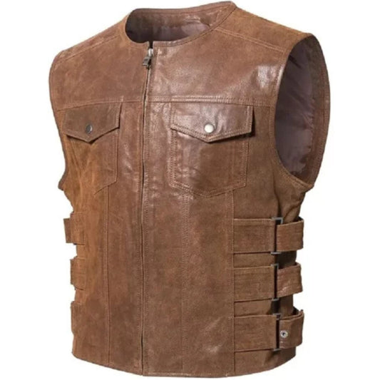 Men’s brown real leather motorcycle vest with rugged biker design and durable construction.