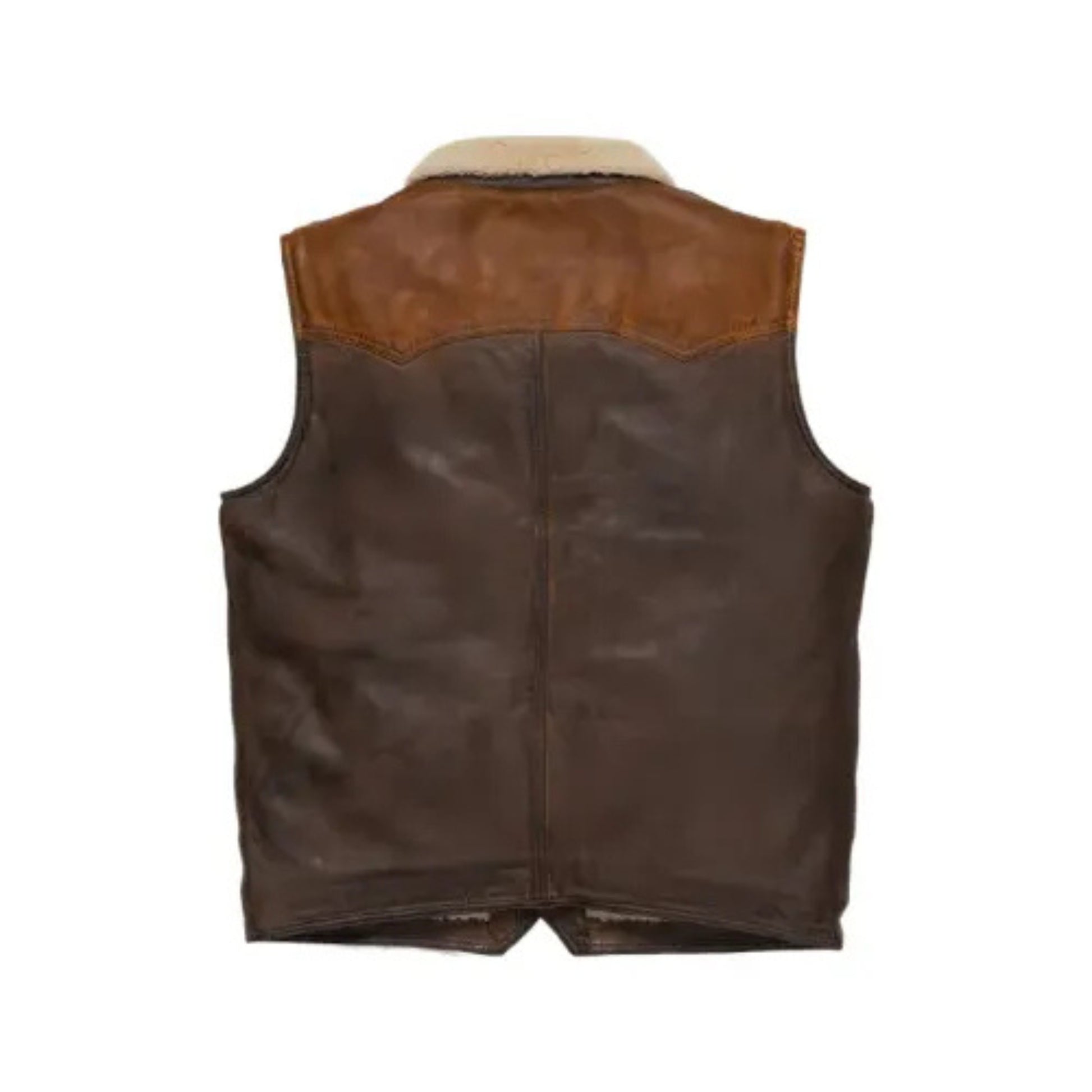 “Men’s brown shearling fur leather vest with warm, rugged design and premium lining.”