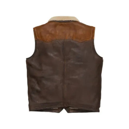 “Men’s brown shearling fur leather vest with warm, rugged design and premium lining.”