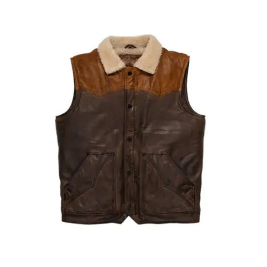 “Men’s brown shearling fur leather vest with warm, rugged design and premium lining.”