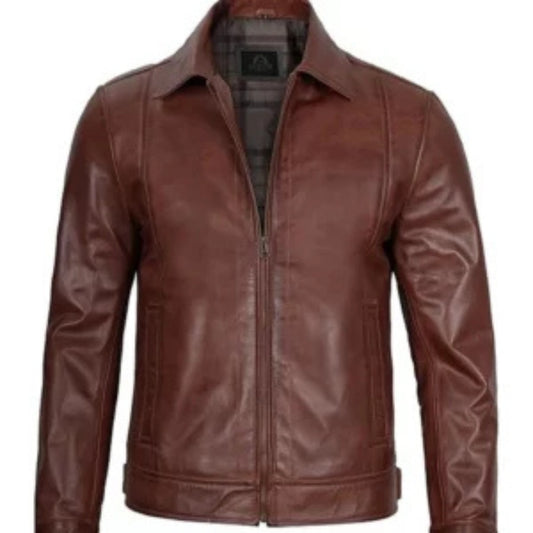 "Men’s brown simple cafe racer leather jacket with sleek biker style"