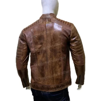 “Men’s brown vintage cafe racer leather jacket with classic biker style and front zip closure”
