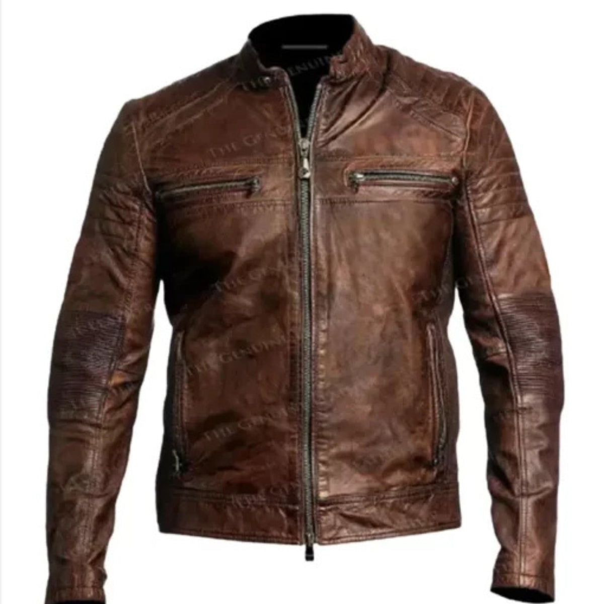 “Men’s brown vintage cafe racer leather jacket with classic biker style and front zip closure”