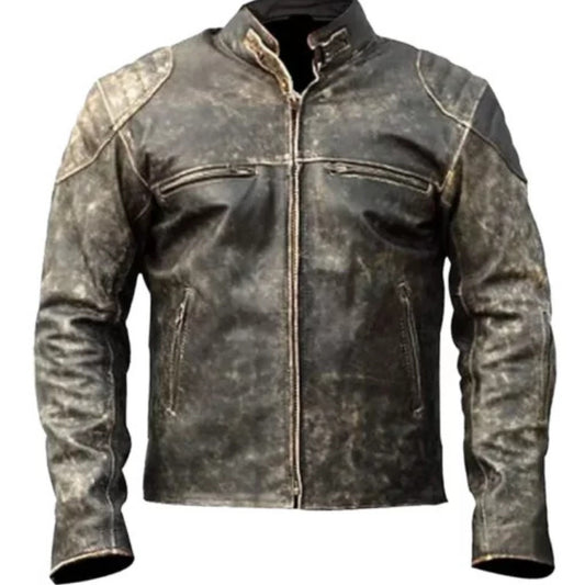 Men’s Cafe Racer Antique Distressed Leather Jacket with vintage biker style, distressed leather finish, front zipper, and classic motorcycle design.