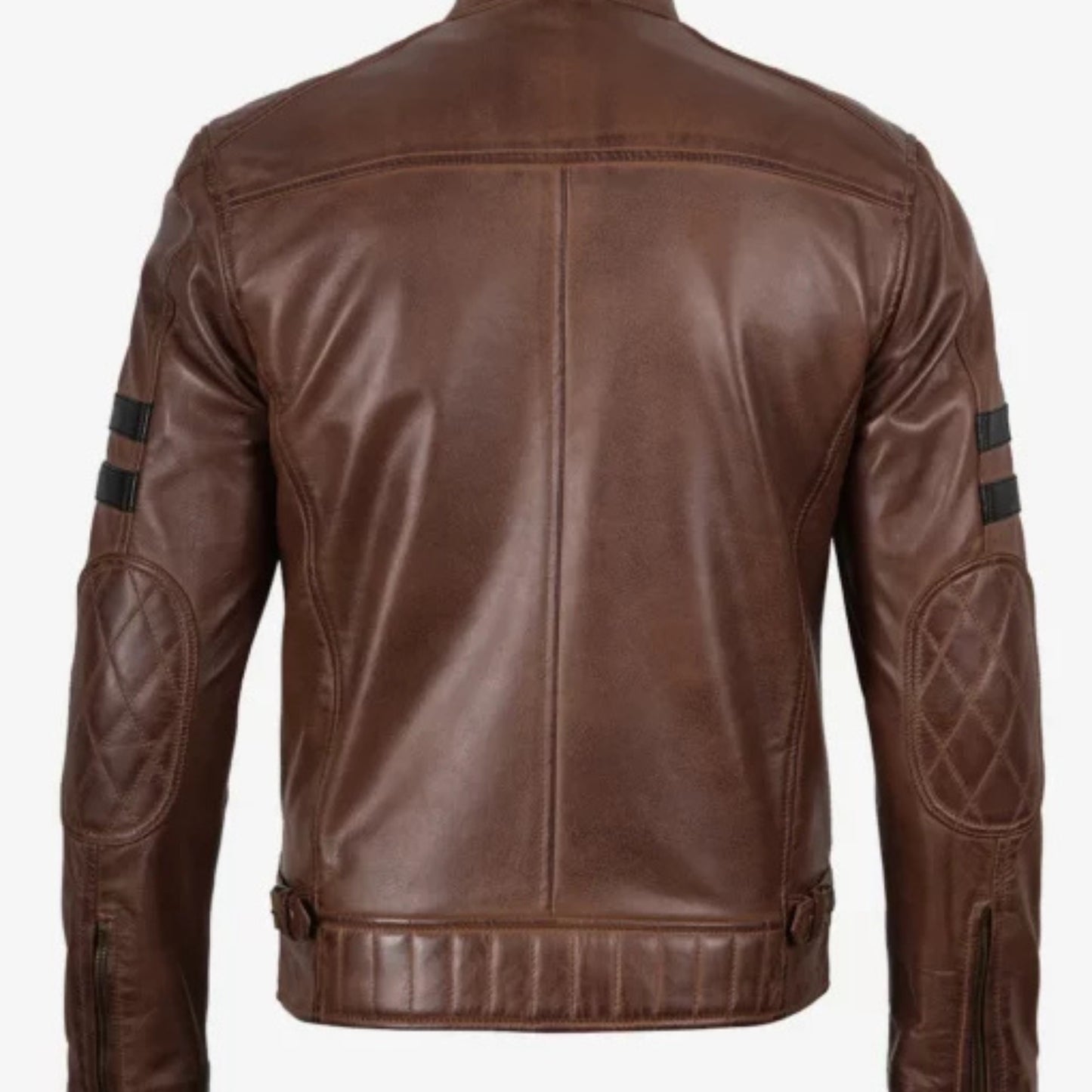 “Men’s cafe racer brown leather jacket with classic biker style and zippered pockets”