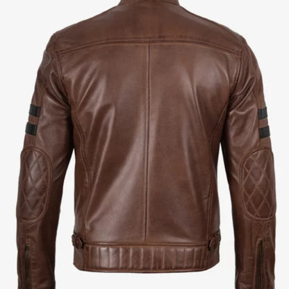 “Men’s cafe racer brown leather jacket with classic biker style and zippered pockets”