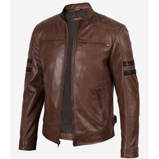 “Men’s cafe racer brown leather jacket with classic biker style and zippered pockets”