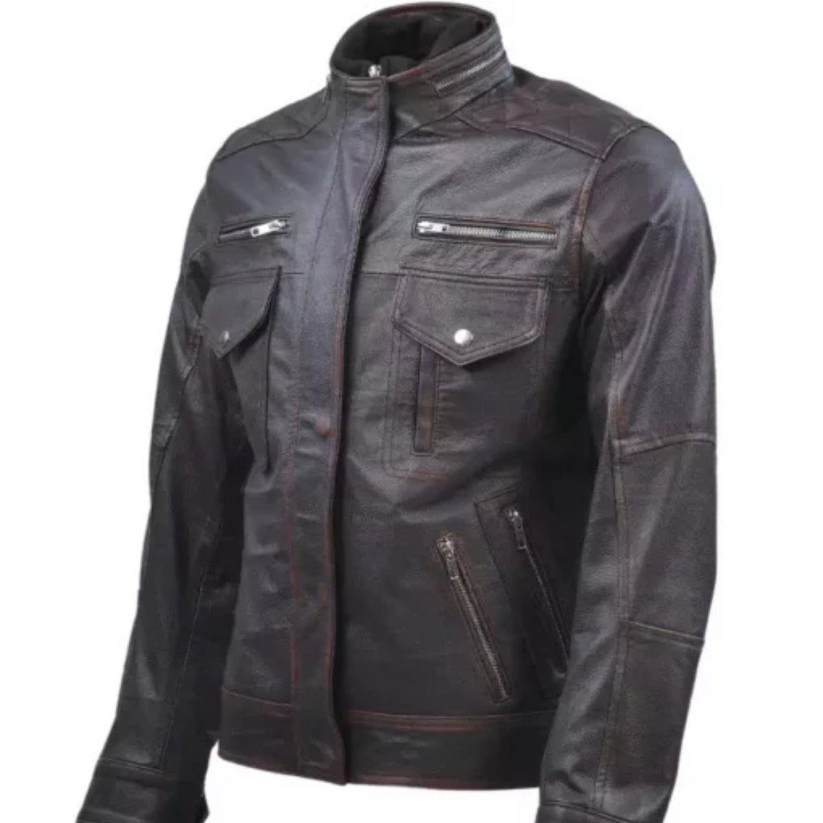 Men’s Cafe Racer Distressed Brown Leather Jacket with vintage biker style, slim fit, front zipper, and classic motorcycle design
