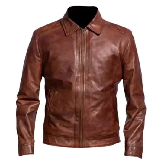 “Men’s cafe racer retro brown leather jacket with classic biker style and zippered pockets”