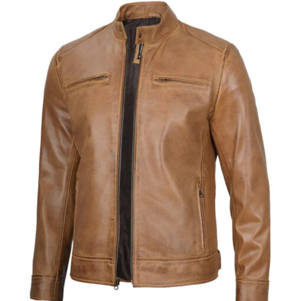 Man wearing men’s camel brown café racer leather jacket