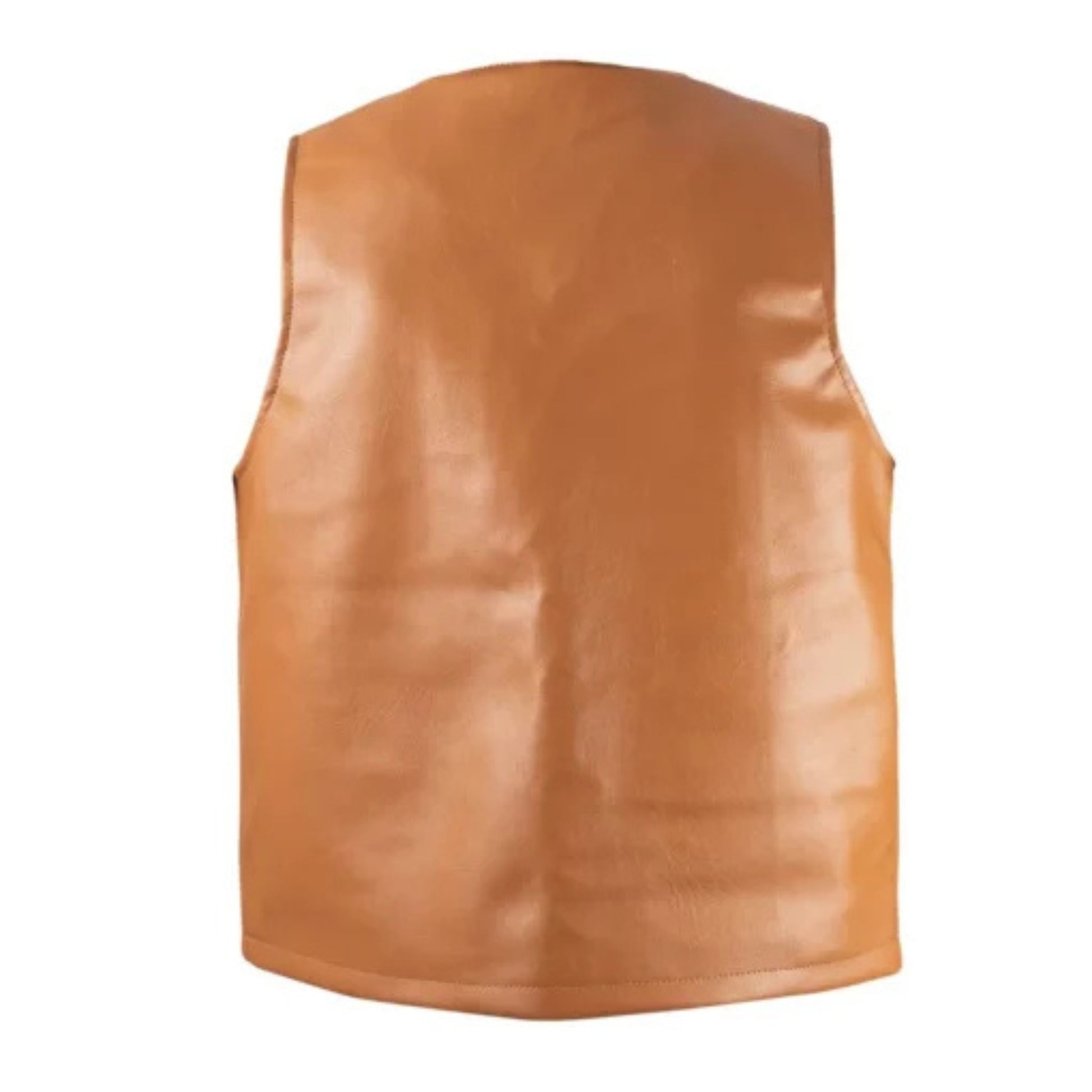 Men’s camel brown leather hunting vest with rugged outdoor design and multiple pockets.