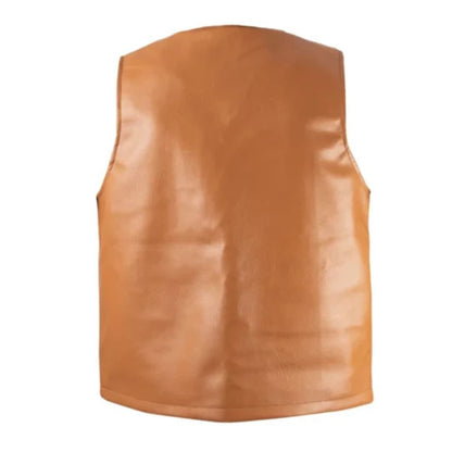 Men’s camel brown leather hunting vest with rugged outdoor design and multiple pockets.