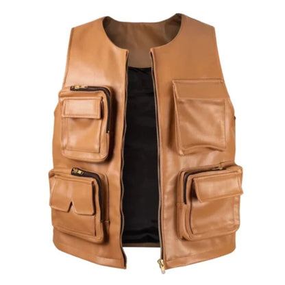 Men’s camel brown leather hunting vest with rugged outdoor design and multiple pockets.