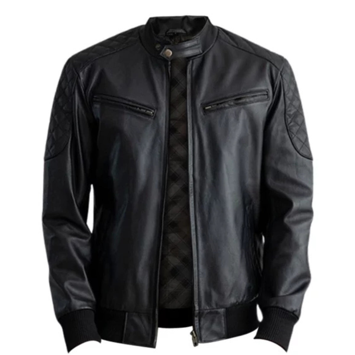 Man wearing men’s casual black leather bomber jacket