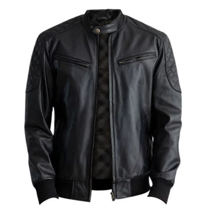 Man wearing men’s casual black leather bomber jacket