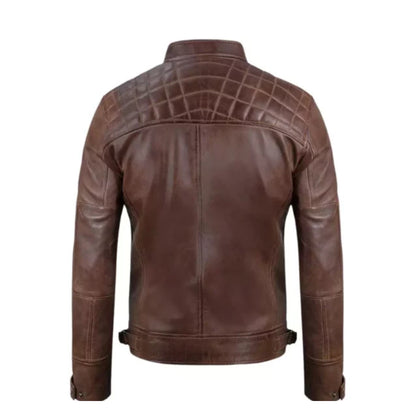 “Men’s chocolate brown cafe racer leather jacket with quilted detailing and classic biker style”