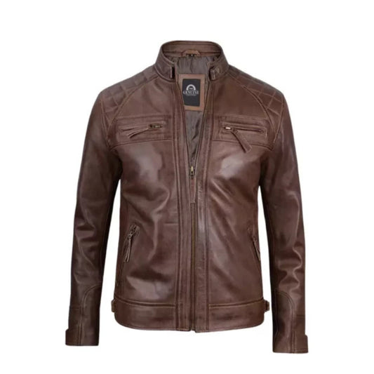 “Men’s chocolate brown cafe racer leather jacket with quilted detailing and classic biker style”