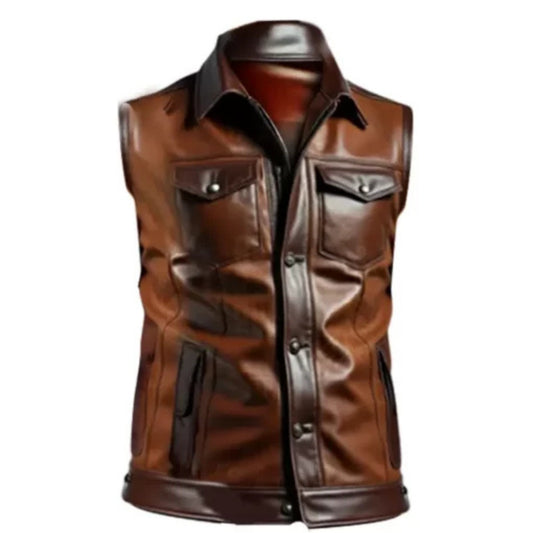 “Men’s classic brown leather vest with timeless rugged design and durable craftsmanship.”
