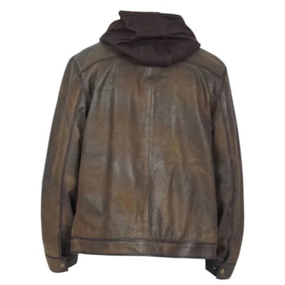 “Men’s dark brown distressed leather jacket with classic biker style and front zipper closure”