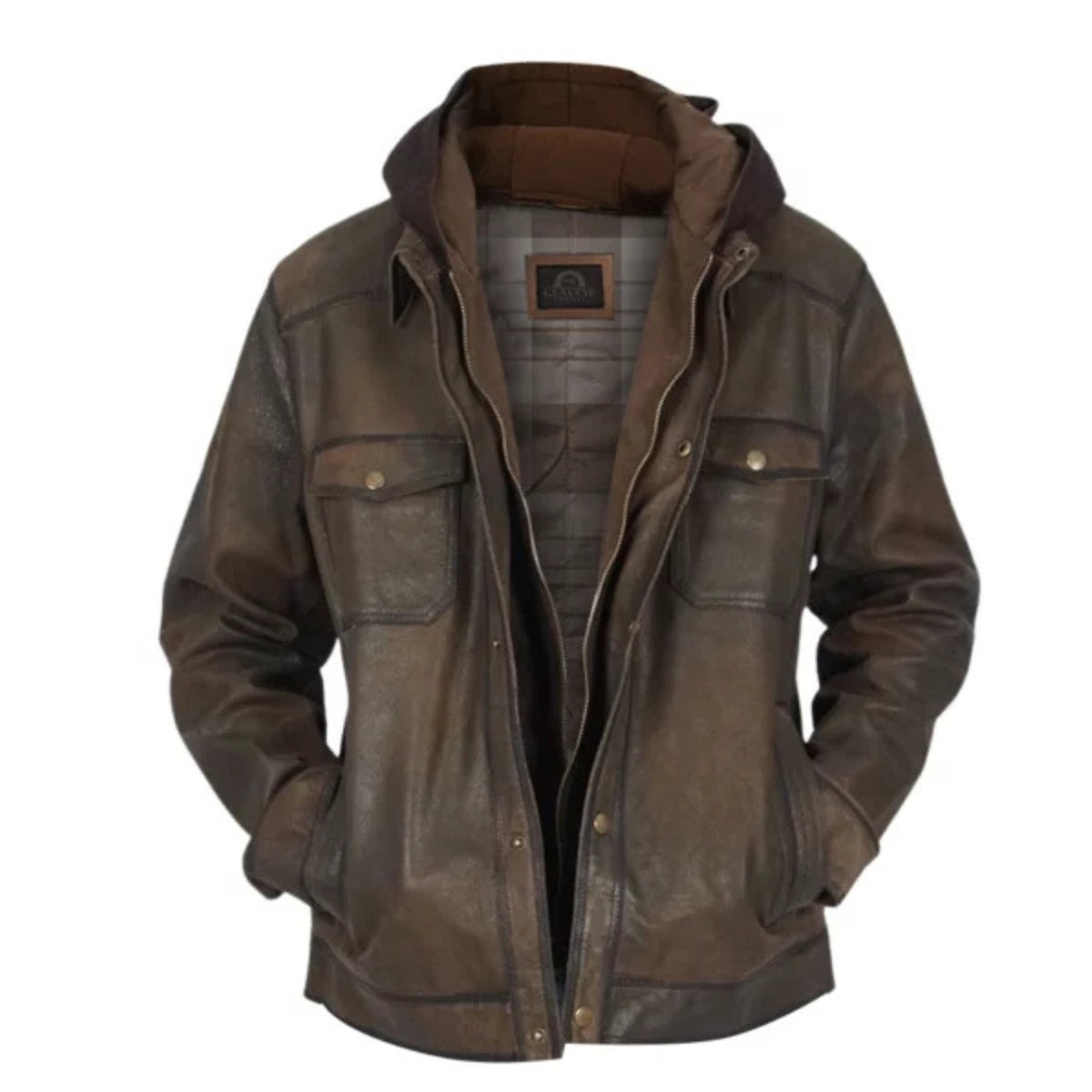 “Men’s dark brown distressed leather jacket with classic biker style and front zipper closure”