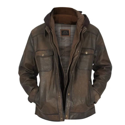“Men’s dark brown distressed leather jacket with classic biker style and front zipper closure”