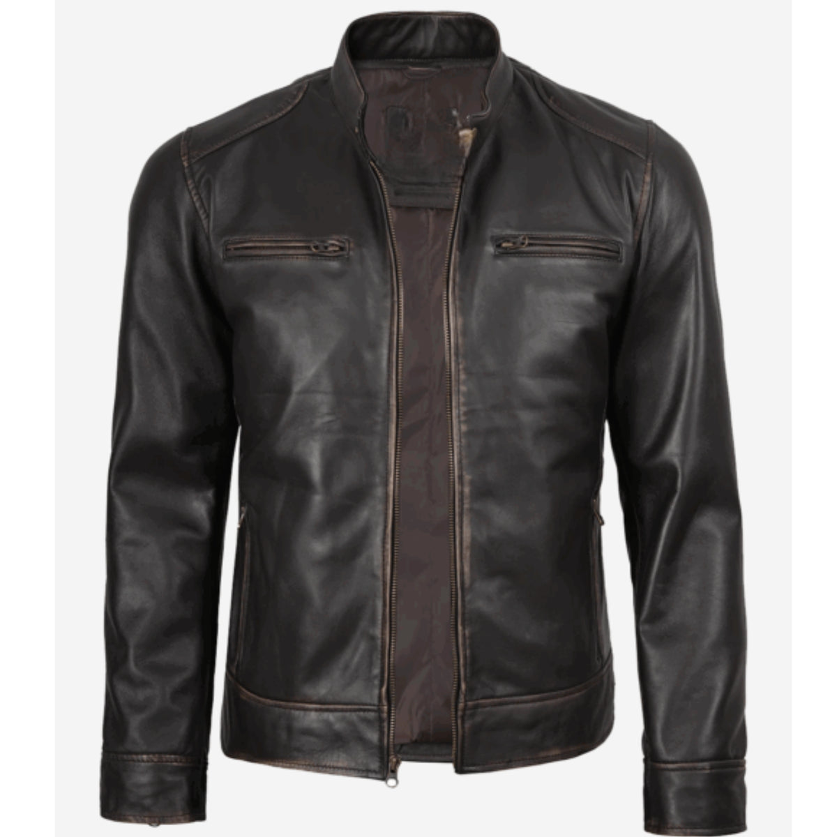 Classic biker style dark brown leather café racer jacket for men