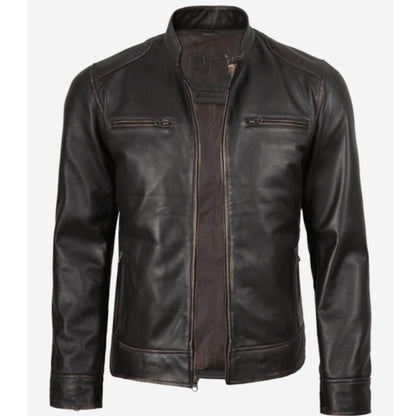 Classic biker style dark brown leather café racer jacket for men