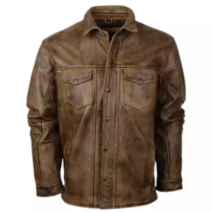 Men’s distressed brown leather biker shirt jacket with rugged vintage style, button-front closure, and durable design for casual and riding wear.